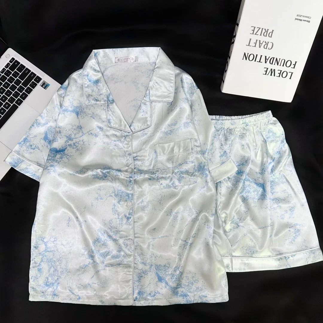 

Soft Summer Women's Pajamas with Blue Trees Print Lapel Short Sleeve Shorts Pants Home Wear Loungewear Set Vacation Easter Gifts