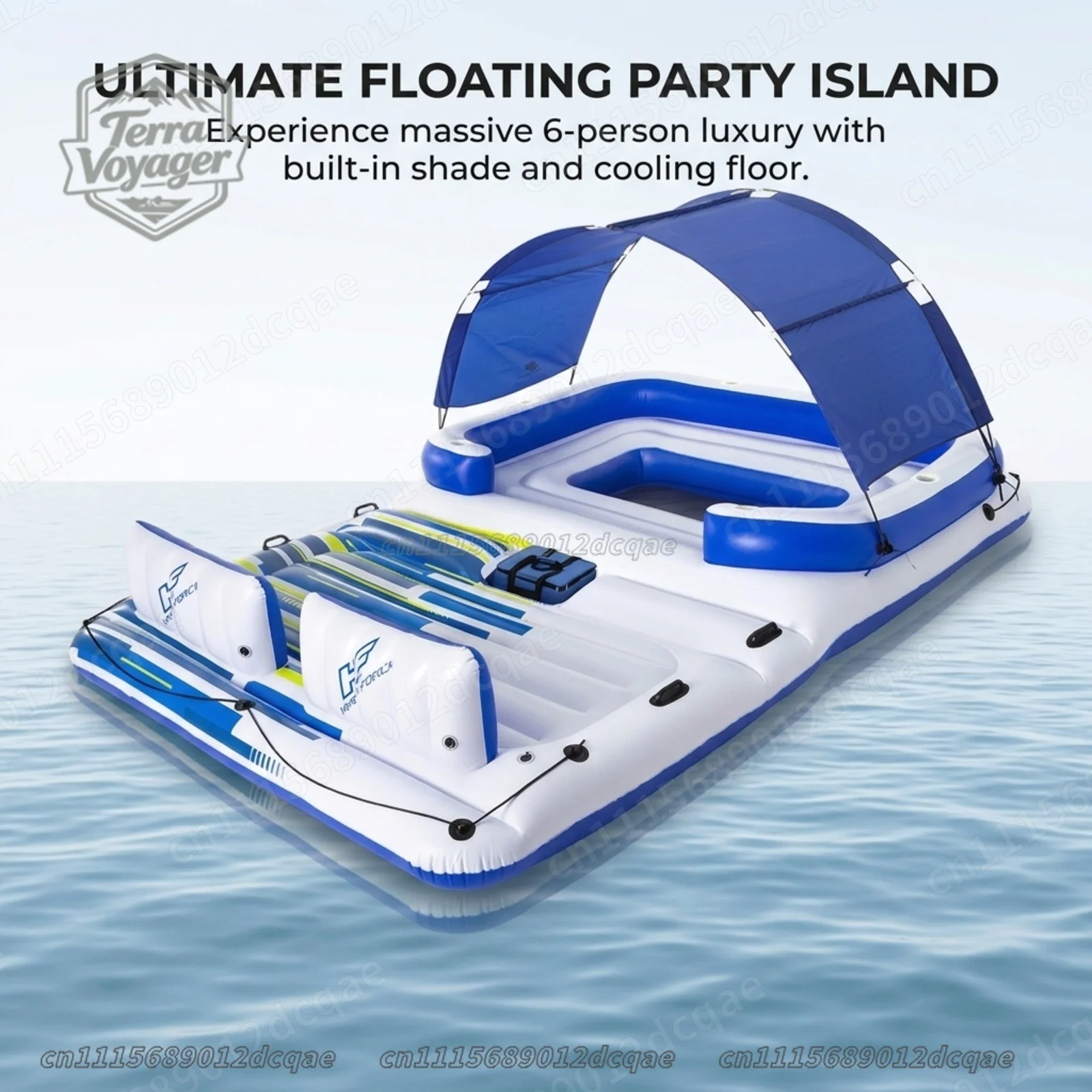 6-8 Person Giant Inflatable Floating Island with Removable Sunshade Canopy Built-in Cooler Bag and Mesh Cooling Floor Heavy