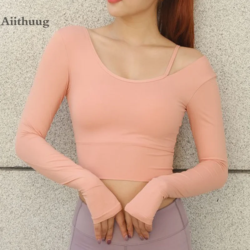 

Aiithuug Padded Bra Gym Long Sleeve Yoga Shirts with Spaghetti Strap Sexy Shoulder Tops Active Thumb Hole Gym Shirt Workout Crop