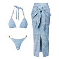 Denim Print 2Pcs Swimsuit Sexy Bikini Women Swimwear Bandeau Biquini Female Mini Skirt Bathingsuit Push Up Swim Suit Beachwear 4