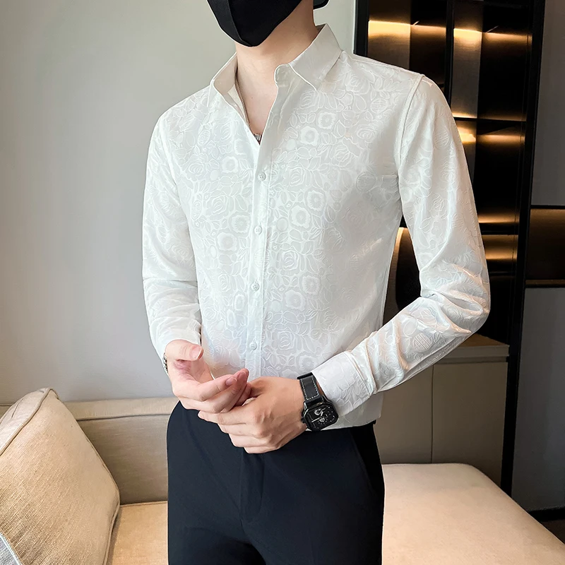 

Jacquard Shirt Men Korean Luxury Clothing Turn Down Collar Long Sleeve Men's Social Shirts Slim Fit Casual Prom Tuxedo Hot Sale