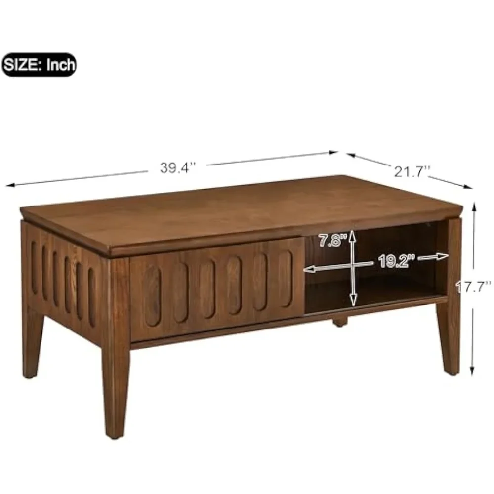 Coffee Table Mid Century Modern  Storage & Sliding Doors, Vintage Living Room Center Table with Solid Legs, 39.38-Inch, Walnut