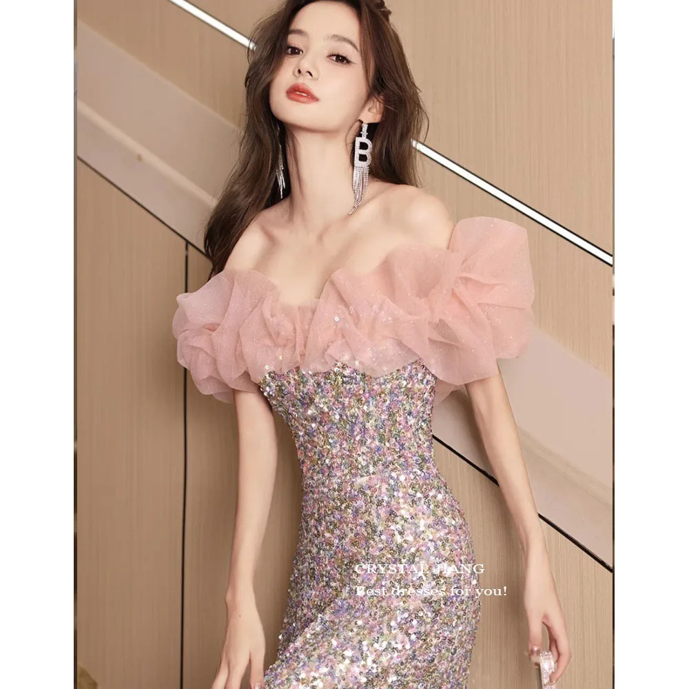 Pink Off the Shoulder Sequined Prom Dresses Custom Made Trumpet Long Formal Occassion Party Gowns for Women 2024