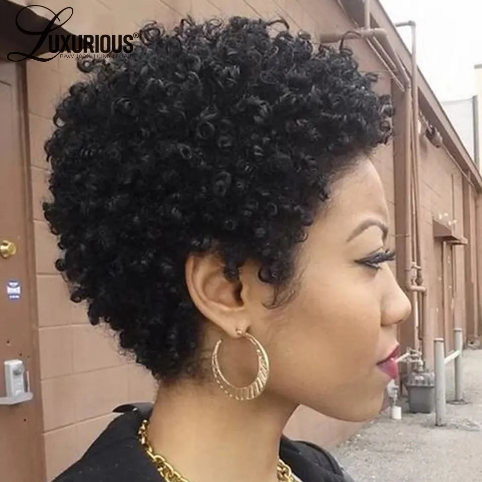 LUXURIOUS Short Pixie Cut Human Hair Glueless Wig Wear And Go Full Machine Made Brazilian Afro Kinky Curly Bob Wigs For Women