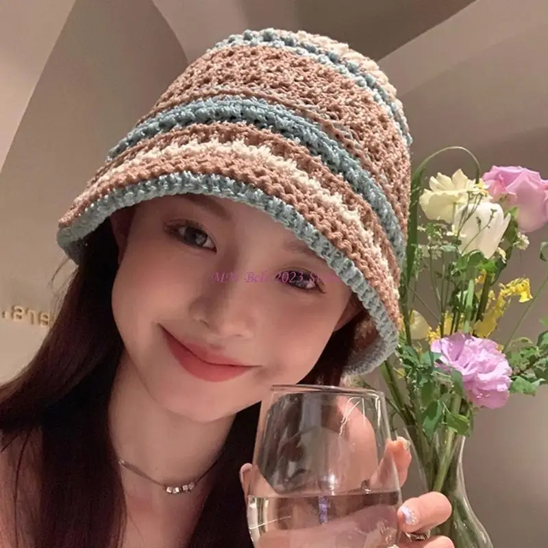 49ME السيدات الكروشيه اللون مطابقة قبعة الصياد واسعة حافة قبعة دلو قبعة Sunproof #2