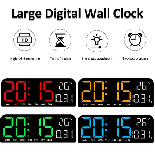대형 디지털 벽시계, 온도 날짜 주간 타이밍 카운트다운, 4 단계 밝기 조정, 듀얼 알람, 12, 24H 알람 시계 