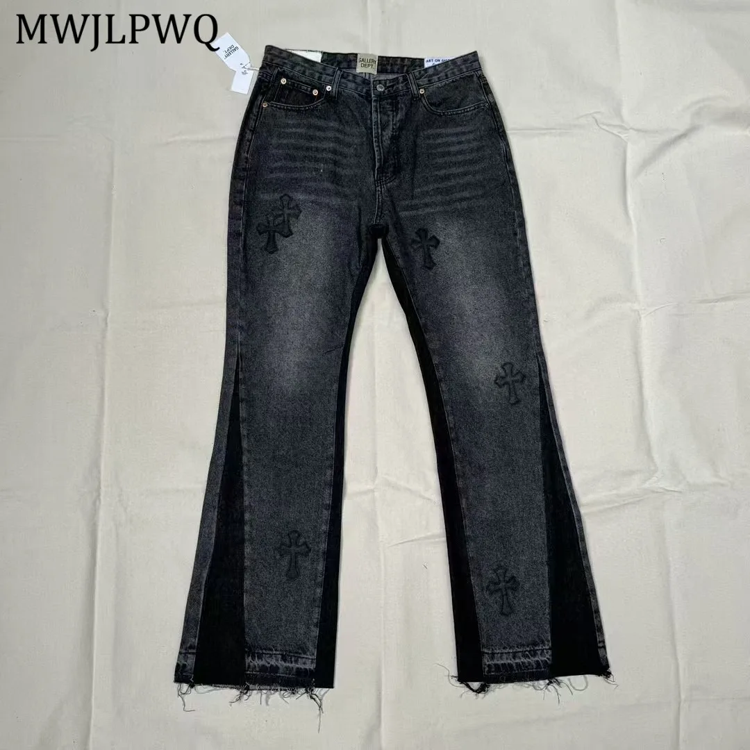 

MWJLPWQ Spliced Leather Printed Jeans Men's High Street Washed Vintage Niched Design Casual Slimming Trend New Denim Pants 11248