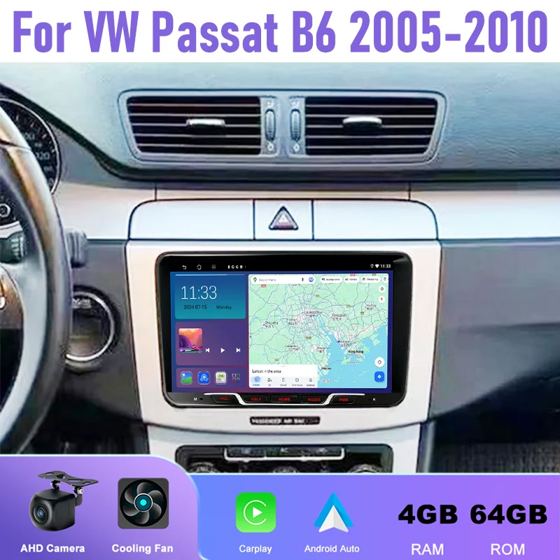 

9" 4+64GB Car Radio For VW Passat B6 2005-2010 Android 15 Auto Support Wireless Apple Carplay 2DIN GPS Rear Camera BT FM