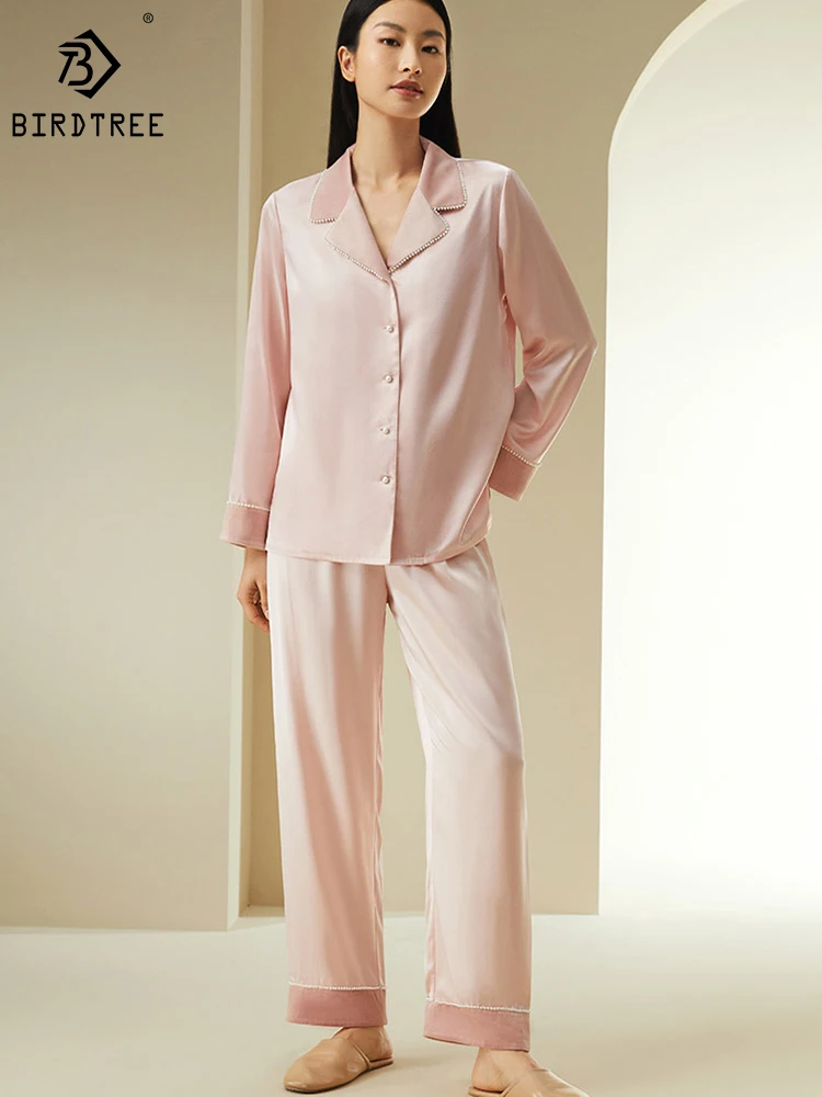 

BirdTree 6A 19MM 100%Mulberry Silk Pajama Set,Women's Lapel Long Sleeve Pants,Simple Comfortable Home Wear,Spring 2024 S41899QD