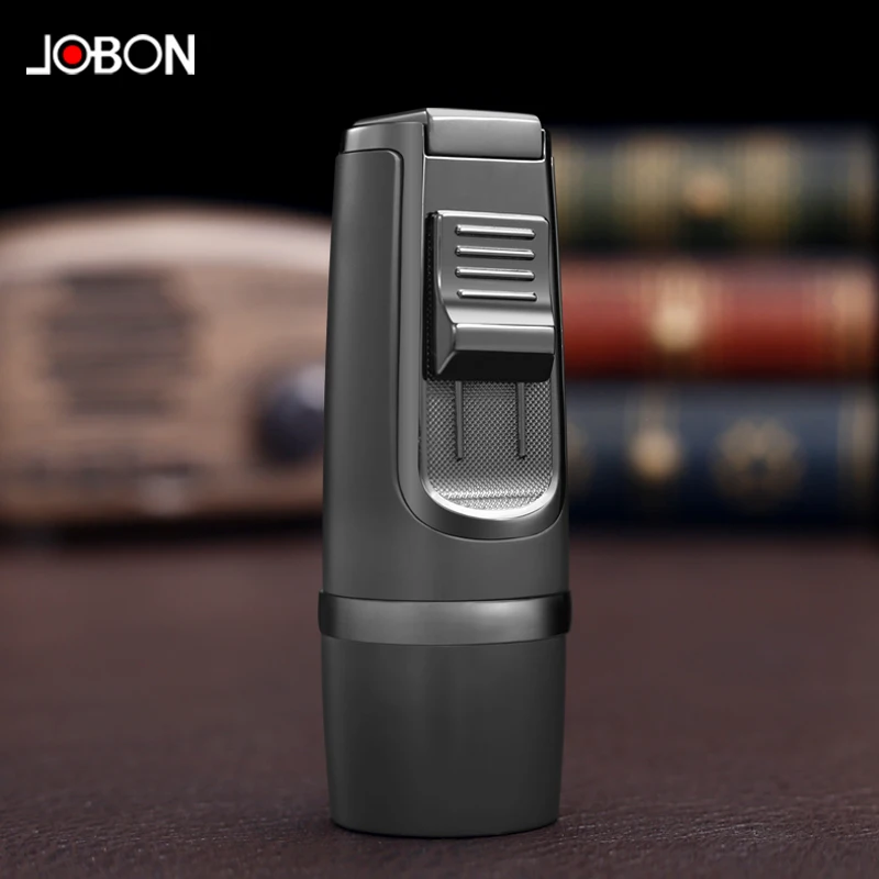 JOBON-Windproof Three Blue Flame Lighter, Slide Down Open Cap, Ignition Bottom, Cigar Cutter Design