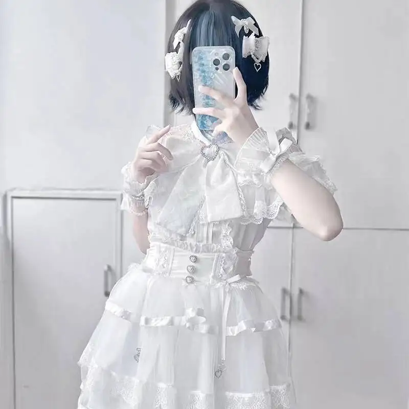 Kawaii Vrouwen Shirts Jirai Kei Lolita Y2K Leuke Japanse Stijl Blouse Elegante Lange Mouw Zoete Tops Casual Esthetische Shirt 2024