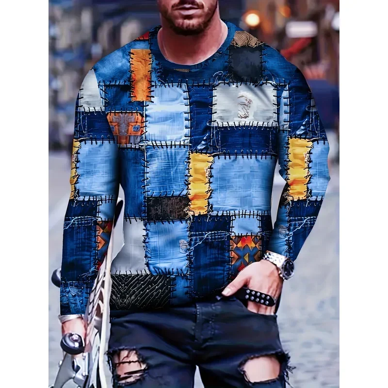 3D Printed Casual Long Sleeve Men T Shirt 2026 Geometric Crew Neck Knitted Polyester Slim Fit Spring Autumn Minimalist Top