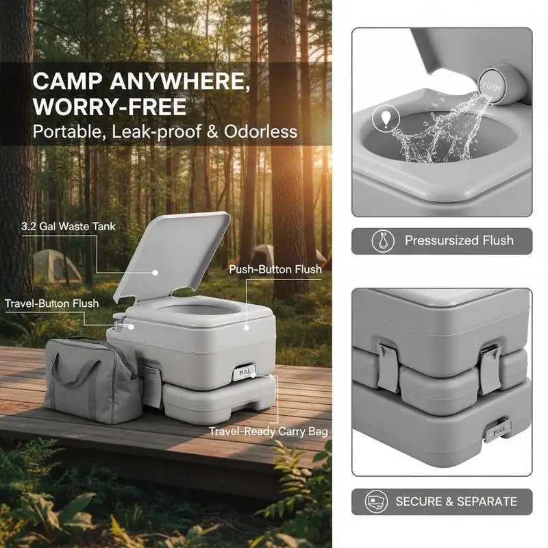 Mobile Commode 3.2 Gallon For Camping RV Travel, Pressurized Flush Push-Button Leak-proof Odourless Portable Waste Tank Outdoor Sanitation System Adults Kids Use Accessory Carry Bag Included