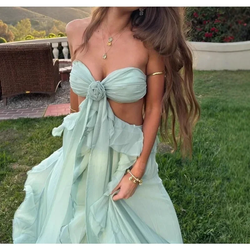 

2026 New European and American INS Splicing Ruffle Edge Tube Top Holiday Long Chiffon Dress