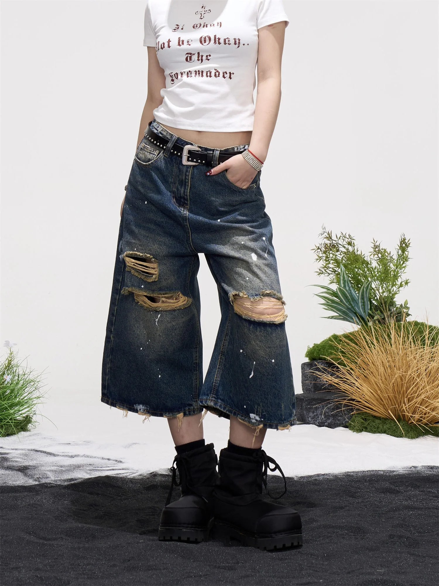 Summer New High Waist Loose Wide Leg Seven Inches Jeans Women's High Waist Loose Fit Slimming Denim Pants Splashed Ink Design