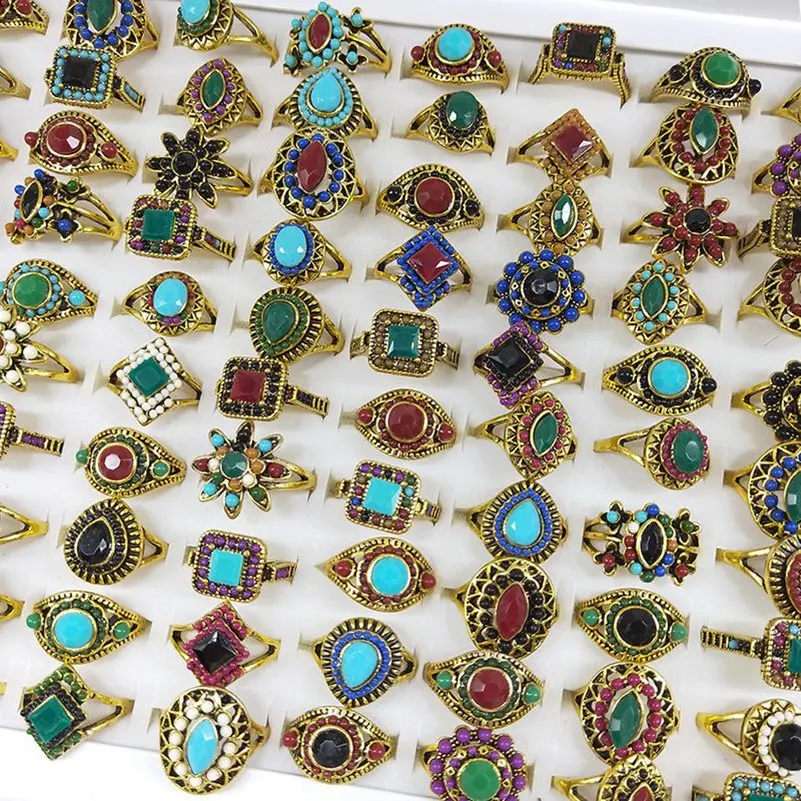 10Pcs Vintage Antique Gold Plated Rings for Women Mix Style Colorful Stone Beads Finger Rings Party Jewelry Gift Wholesale