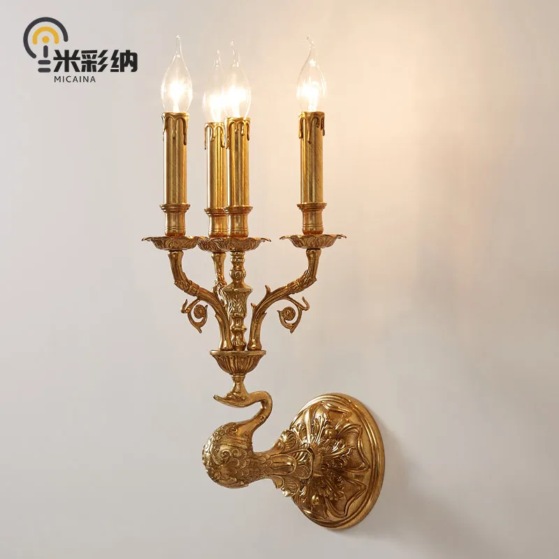 

4-head French all-copper wall lamp European classical luxury villa living room all-copper lamp