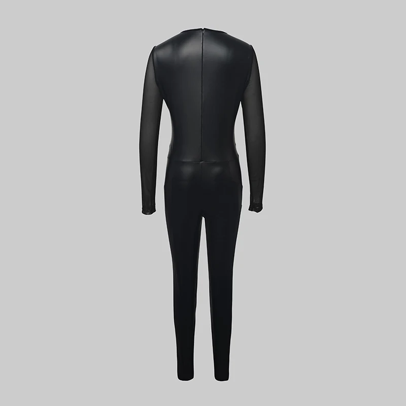 Krisnanas Leather Jumpsuit Split-Joint Mesh O-Neck Wrap Tight Butt Fitting Legging Sportswear Bodysuit Woman Clothes 93128