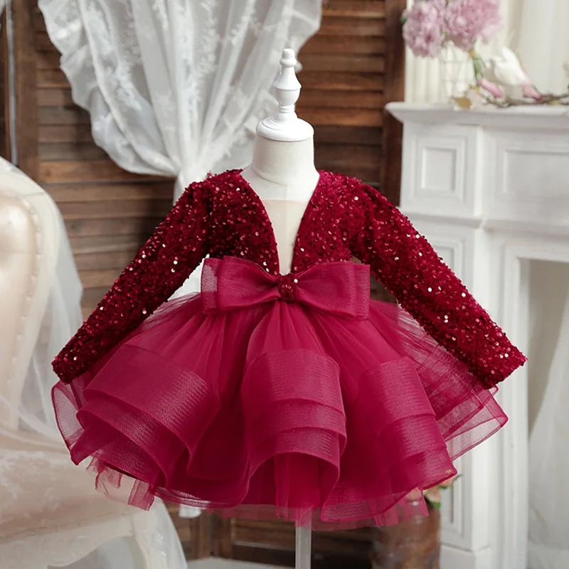 Toddler Girl Long Sleeve Sequin Dress Sparkle V-Neck Big Bow Layered Tulle Tutu Rose Gold Princess Birthday Party Wedding Outfit