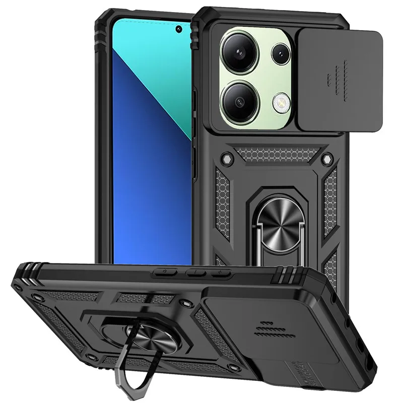 Coque de téléphone blindée pour objectif d'appareil photo coulissant, étui arrière avec anneau de support magnétique pour voiture Xiaomi Redmi Note 13 5G Note13 Pro 13Pro 4G