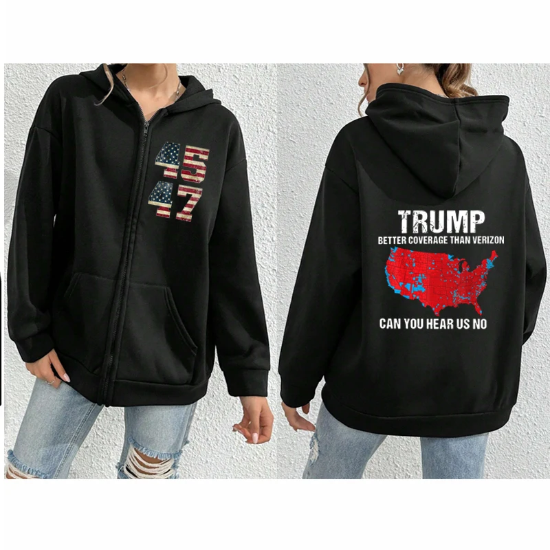 Trump- Coverage Is Better Than Verizon - Can You Hear Us? Full Zip Crew Neck Hooded Sweatshirt, Trump 2024, Streetwear, Unisex