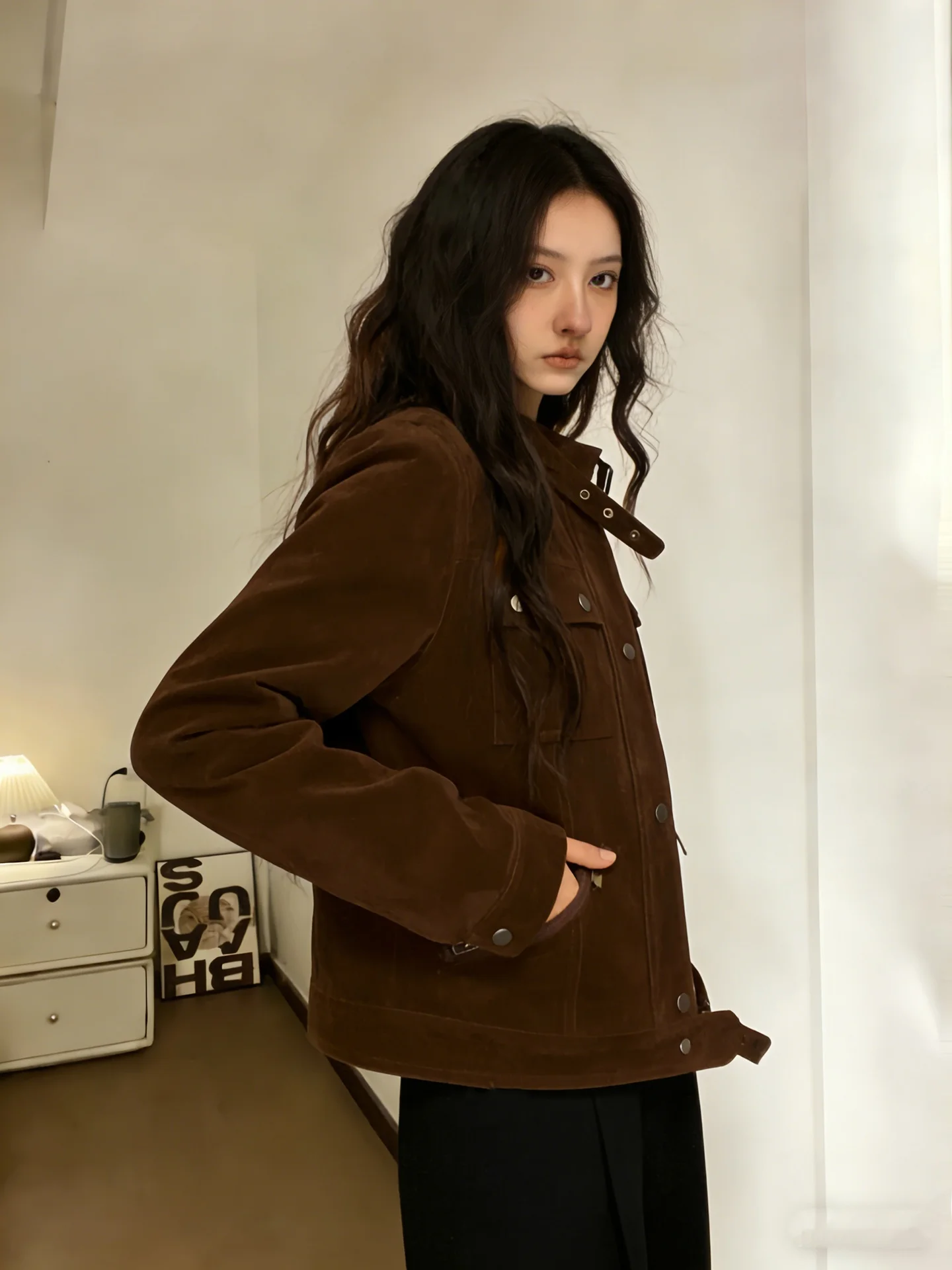 Browan camurça motocicleta jaet feminino ort oulder apropriado primavera outono novo sle americano retro jaet casaco