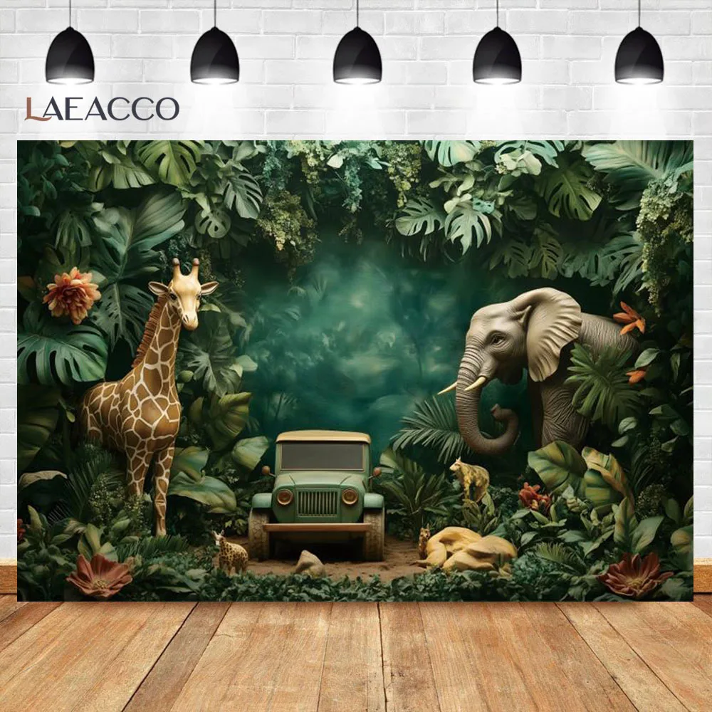 خلفية حيوانات الغابة سفاري غابة الحيوانات موضوع حفلة أطفال عيد ميلاد الطفل دش الأزرق شاحنة ديكور التصوير خلفية