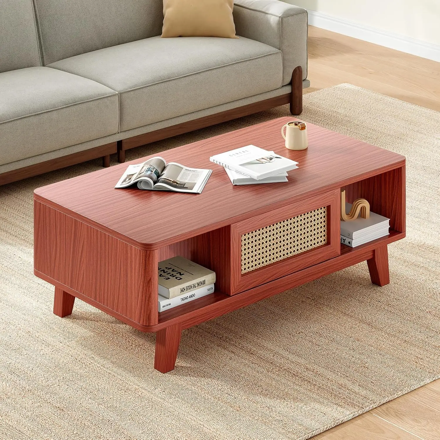 Wood Coffee Table for Living Room, Rattan Living Room Table with Storage, Woven Wooden Coffee Table Support Up to 110 LBS