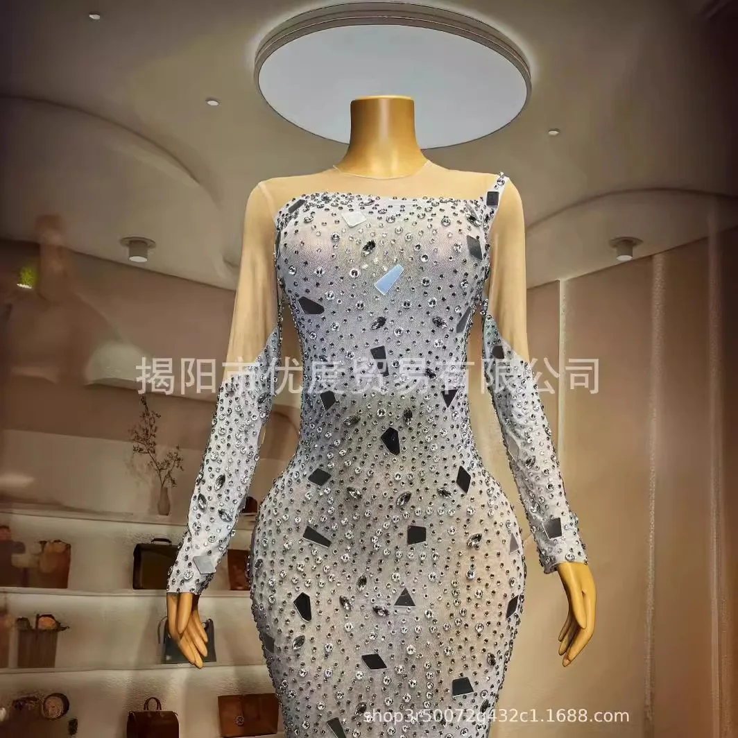 Fairy Silver Lenses Sparkling Rhinestones Elegant Temperament Dress Cocktail Party Night Performance Long Dress Broken Silver