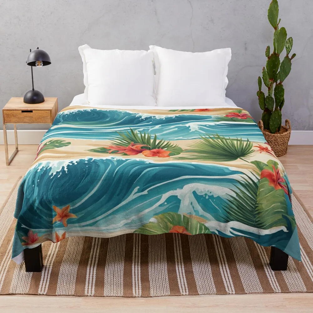 

Tropical Ocean Wave Beachy Pattern Throw Blanket Sofa Cute Plaid Furry Blankets