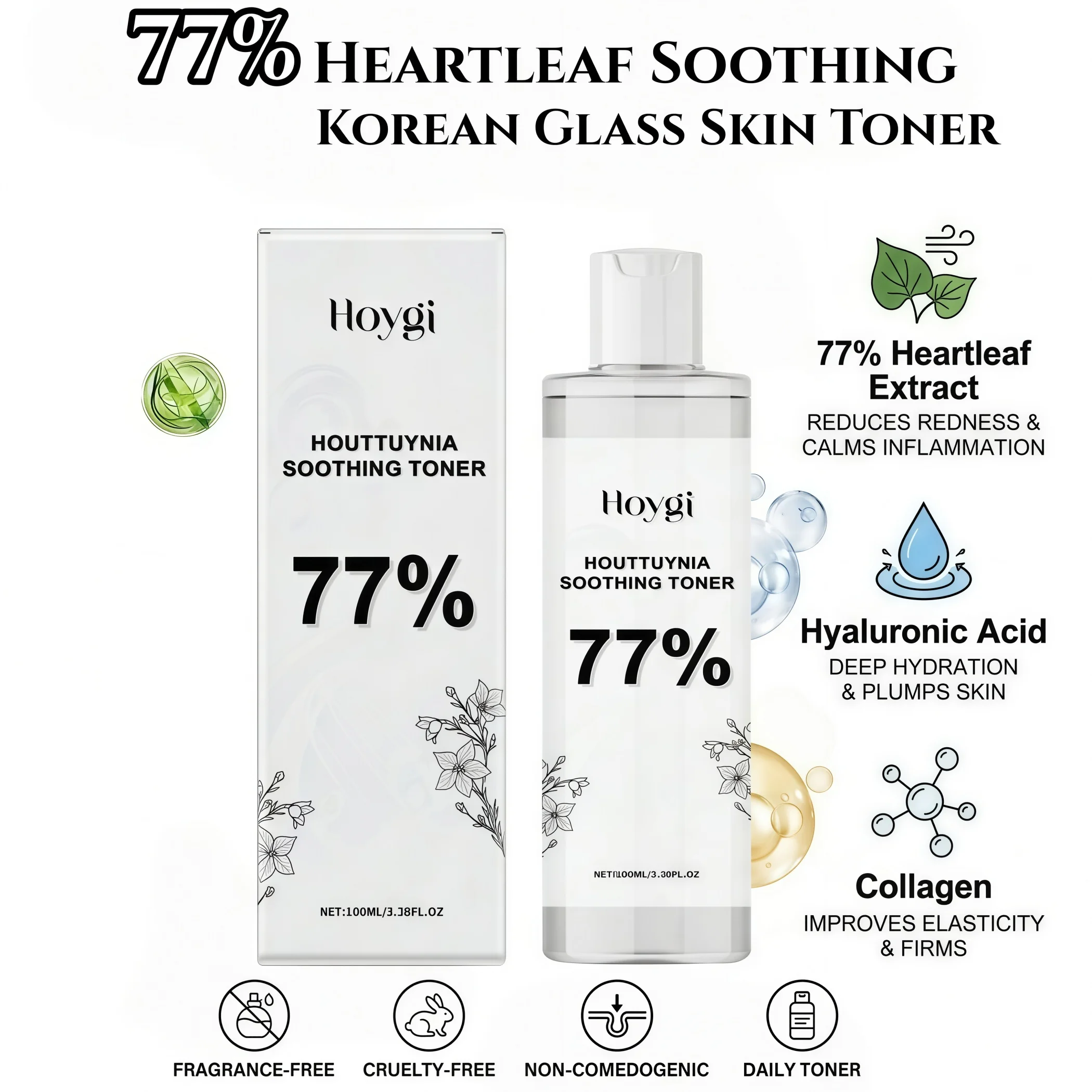 77% Heartleaf Soothing  Korean Glass Skin Toner,Moisturizing&Calming,Targeted Redness Reduction&Hyaluronic Acid Glass Skin Glow,Collagen Plumping Care&Pore Care & Sebum Control,Lightweight&No Sticky Finish,Versatile 7 Skin&DIY Mask,Vegan&Sensitive Skin