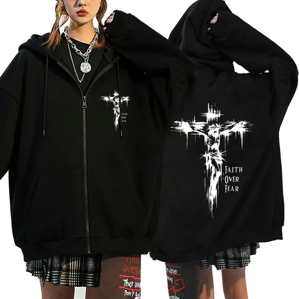 

Christian Religious Jesus Faith Over Fear Bible Verse Zipper Hoodie Men Women Hip Hop Rock Oversized Gothic Zip Up Jacket Coat