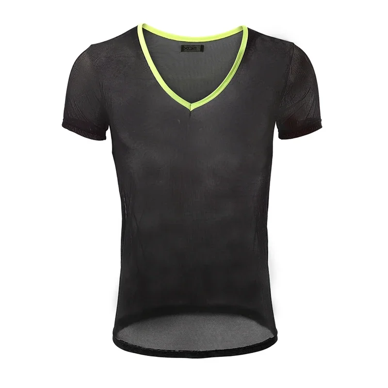 Sexy Man Breathable Undershirts V-Neck Short Sleeves Mesh Bodysuit Gay Men Transparent See Through Tops Underwear Undershirt