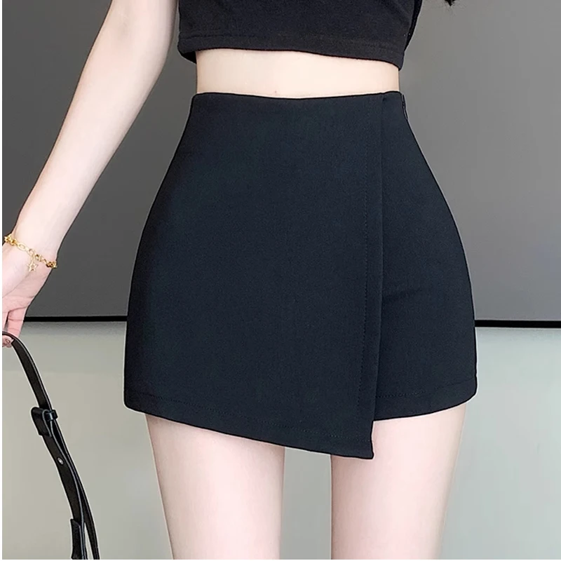 Black Asymmetrical Suit Skirt Pants High Waist A-Line  Skirt for Women Commute Style Polyester Fiber Zipper Closure