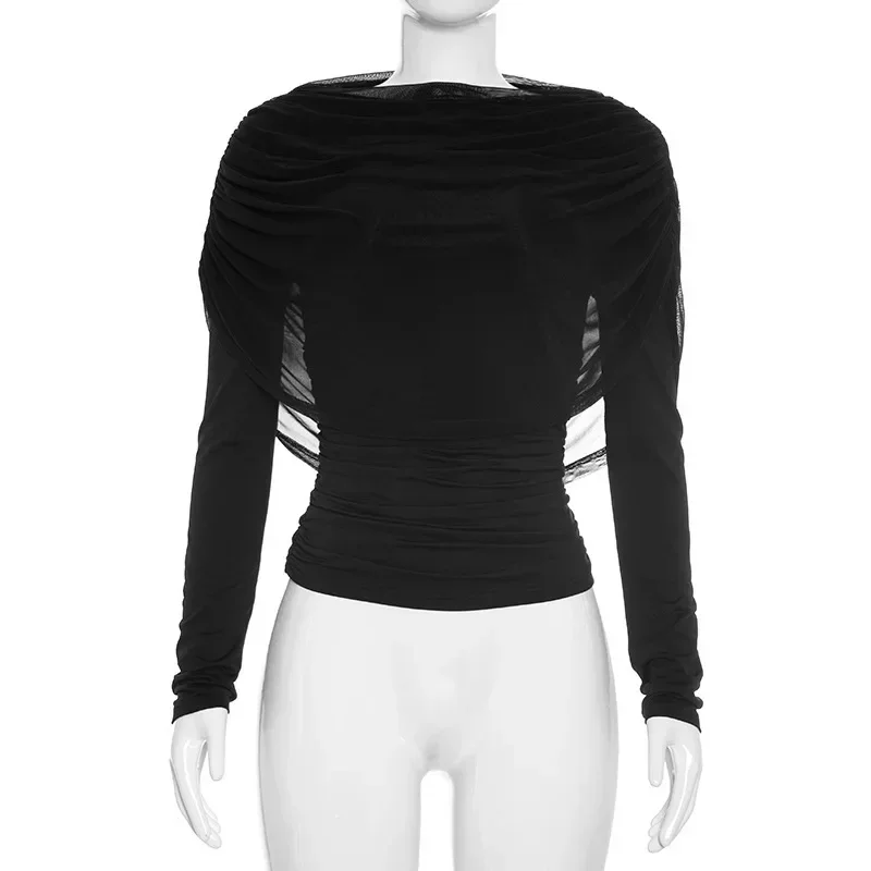 2026 Frühling Sommer Damen Langarm-T-Shirt mit drapiertem Kragen, plissiertem Schal, schmal geschnitten, Stretch-Oberteil, elegant, lässig, Alltagskleidung – Detail 11