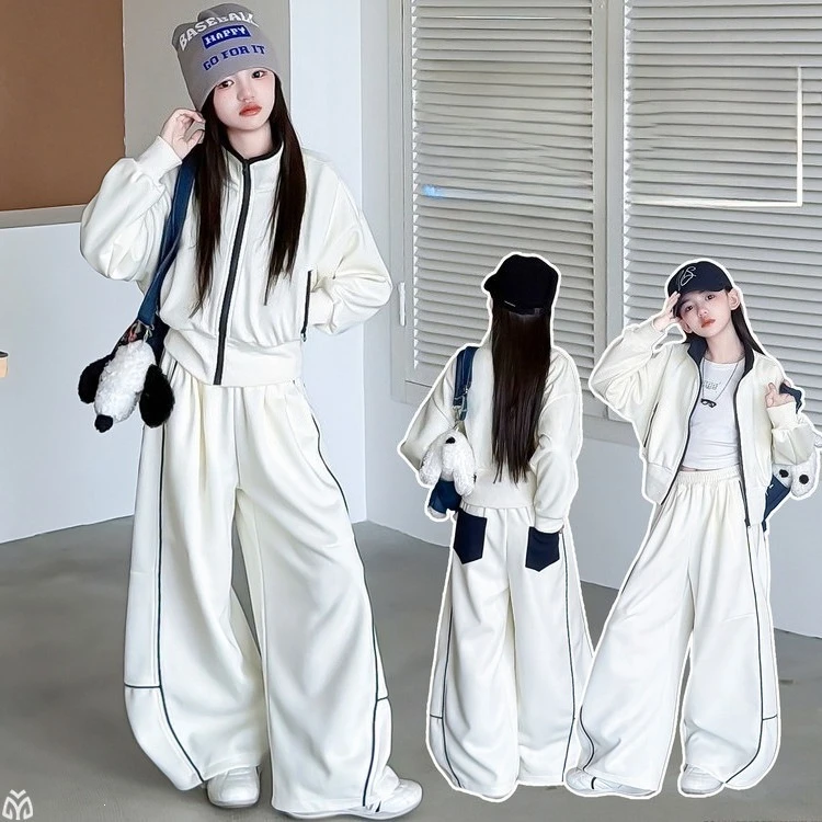 Autumn Girls 2pcs Outfit Teens Kids Korean Stand Collar Jacket&Loose Sweatpants Casual Set Junior Teen Girls Fall Clothing Set