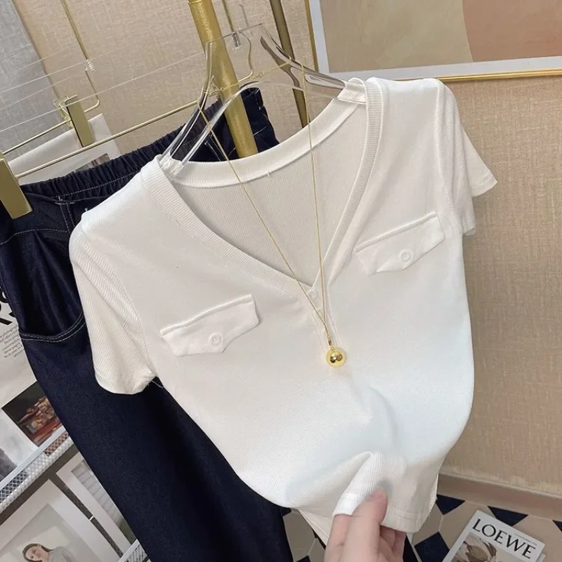 Pure Spice Girl V-neck Thread Shoulder T-shirt Women Short Sleeve Pocket Top 2024 New Summer Slim-fit Mom Short Top