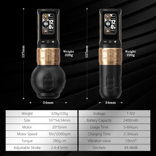 Imagen 2 del producto Ambition Ninja Max 280 máquina de tatuaje inalámbrica 2,4mm-4,5mm carrera ajustable 54mm + 34mm agarre Motor sin escobillas 2400mAh batería pluma