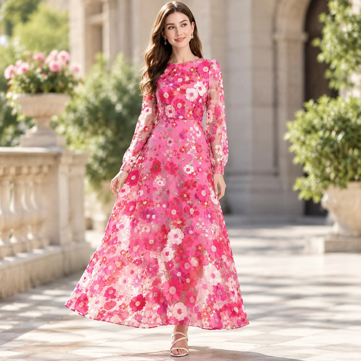 Round Neck Mid Waist Dress Maxi Length French Style with Artistic Retro Regular Sleeve Long Sleeve Dress Summer for Women