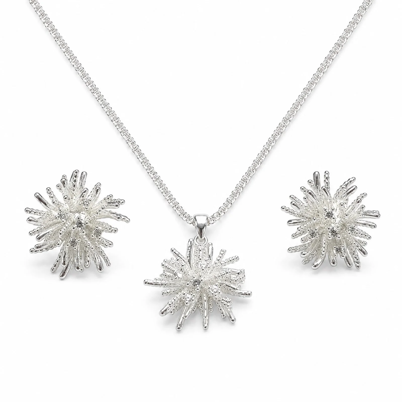 Sparkle Silver Plated Jewelry Set Elegant White Flowers Earrings Necklaces Light Luxury Ladies Accessories