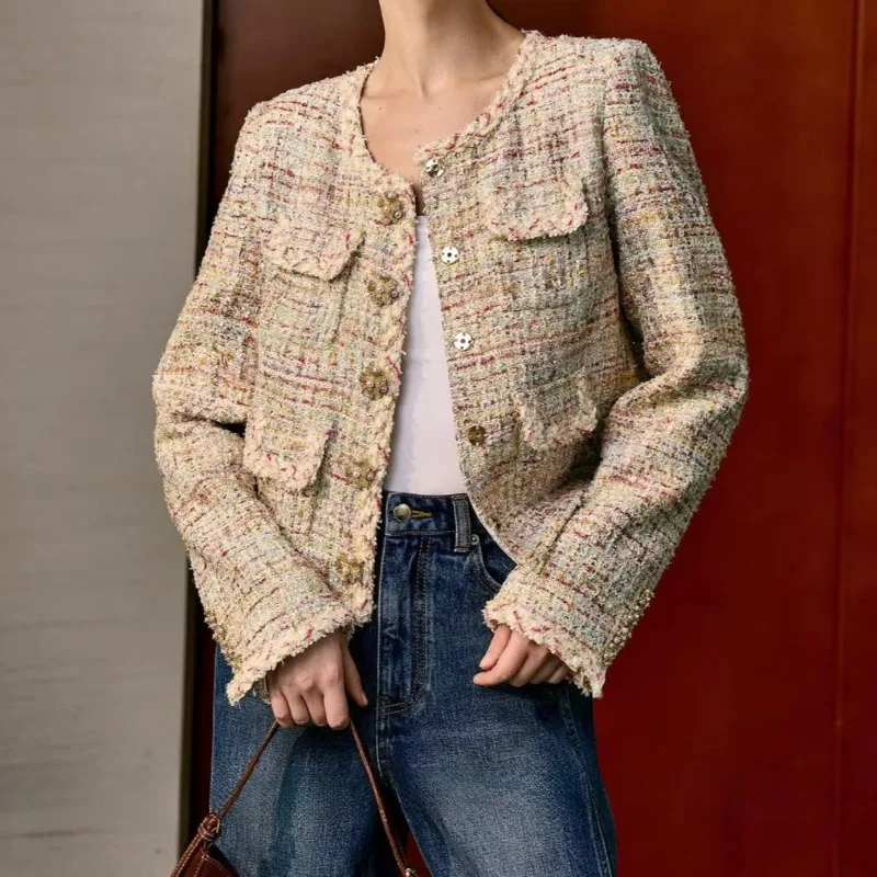 

Apricot Tweed Jacket Women Long Sleeve Autumn Winter Chic Elegant Vintage Coat Lady O-neck Cloth Lady Streetwear
