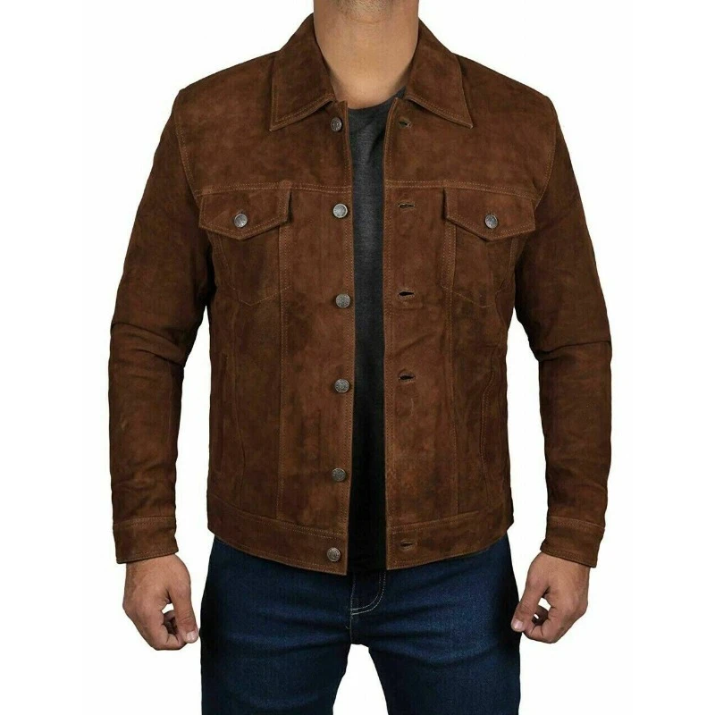 Men's Latest Genuine Suede Brown 100% Leather Shirt Outdoor Button Denim Jacket