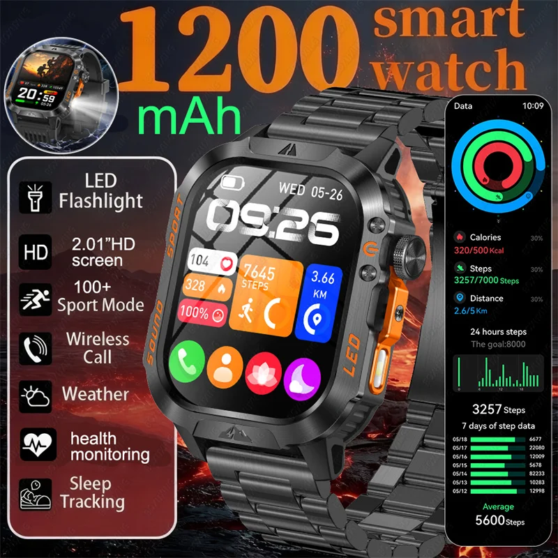 

2026 New 1200 mAh Battery Military IP68 Waterproof Smartwatch Men Fitness Tracker Health Heart Rate Smart Watch For iOS Android
