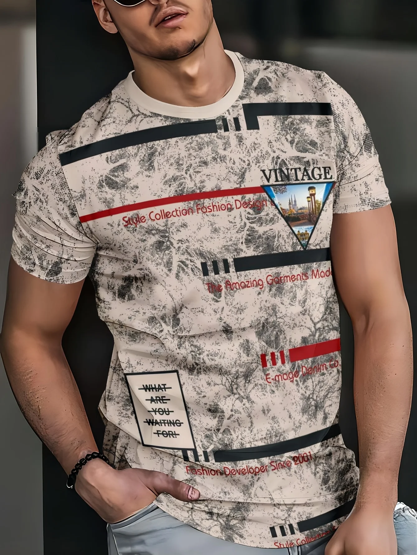 New men's short-sleeve T-shirt, loose-fitting and tailored with printed designs, versatile basic crew-neck top suitable for spri