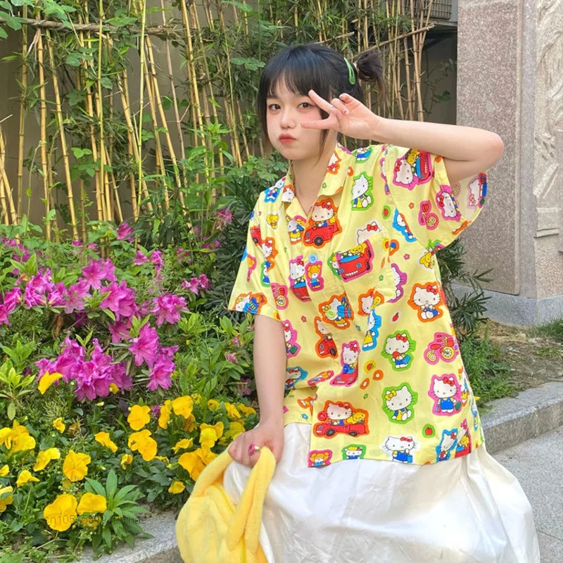 Sanrio hello kitty roupas de verão novas camisas de manga curta amarelo do vintage moda designer camisas das mulheres dos desenhos animados casuais topos y2k