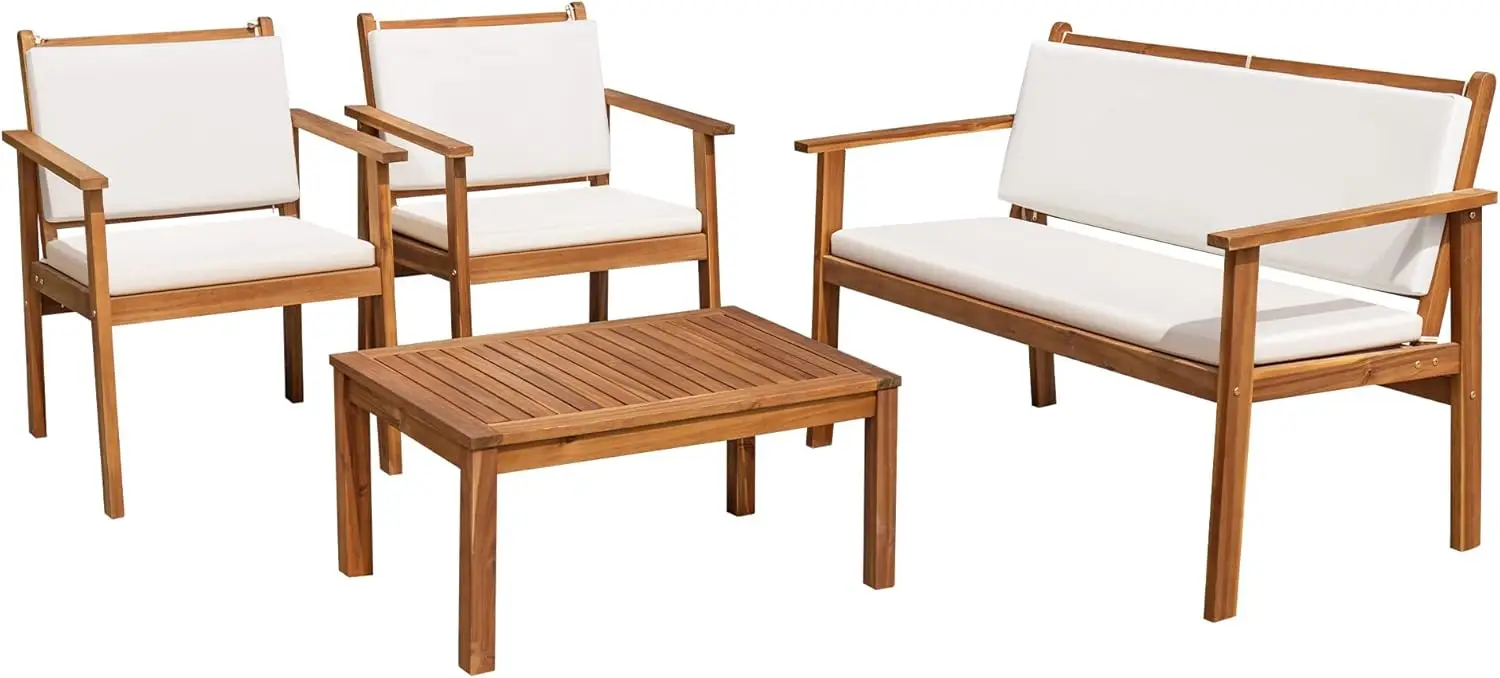 Patio Furniture 4 Piece Outdoor Acacia Wood Patio Conversation Sofa Set with Table & Cushions Porch Furniture for Deck, Balcony,