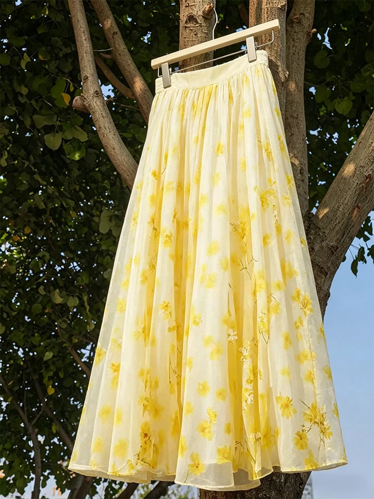 Summer Outing Ultra Cute Dopaamine Yellow Floral Net Half Skirt Women's New Style Youthful High Waist A-Line Long Skirt