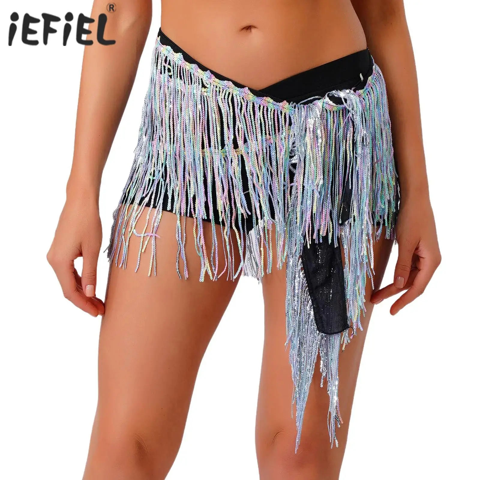 

Womens Glittery Sequin Belly Dance Hip Scarf Shiny Tassel Fringe Lace-up Waist Chain Skirt Folk Dance Latin Dance Costumes