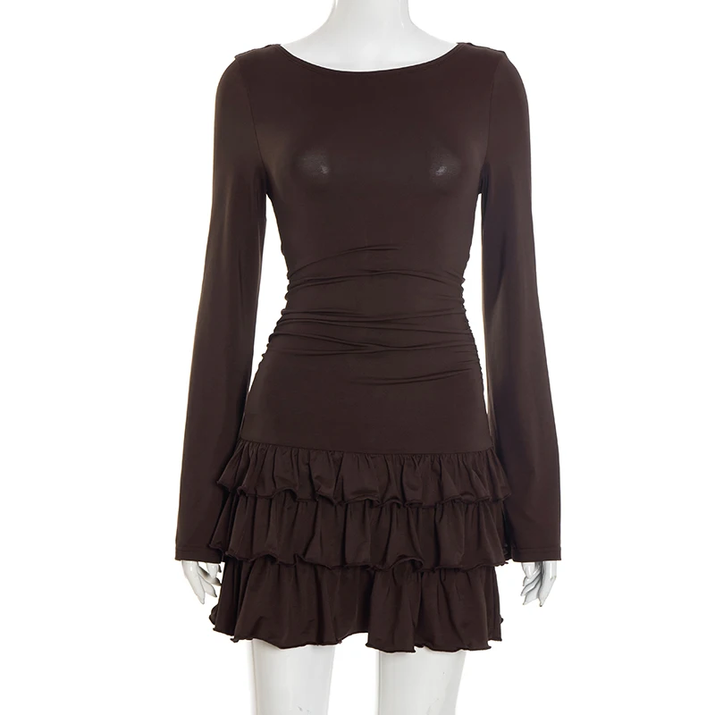 Tendência feminina 2025 outono europeu novo em camadas uma peça vestidos curtos marrom casual juventude simples plissado sólido vestido de manga longa