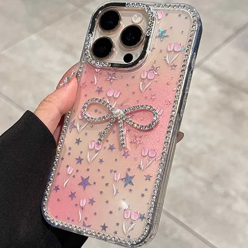 

Diamond painted tulip phone case with butterfly bow accessory for iPhone 11 12 13 14 15 16 pro max